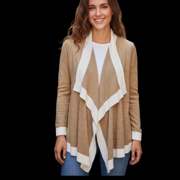 Misook neutral tan waterfall open front knit long drapey ottoman cardigan. Sz S - Picture 8 of 8